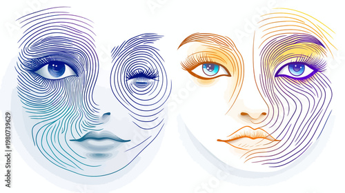 Abstracted faces drawn with colorful lines and expressive eyes on white backdrop