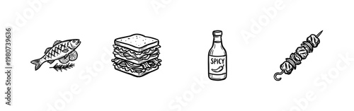 BBQ Grill Party and Street Food Elements with Hand-Drawn Inky Brushwork and Textured Sketch Style for Summer Cookout Design