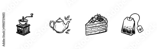 Cafe and Bakery Breakfast Elements with Hand-Drawn Inky Brushwork and Textured Ink Wash Style