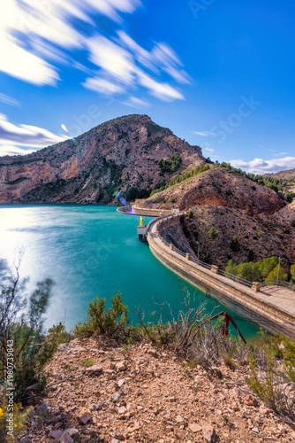 High Angle Panoramic View of Cueva Foradada Dam and Mount Malvin in Oliete, Teruel, Aragon