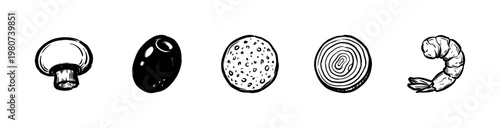 Italian Pizza Ingredients and Gourmet Toppings in Hand-Drawn Inky Brushstroke Style