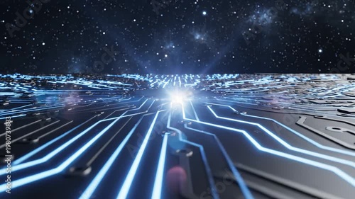 Circuit board with glowing lines in space for commercial backgrounds, digital design, and advertising