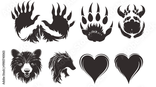 Silhouettes of bear paws, bear face, side profile, and two hearts. Grunge-like design