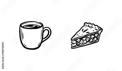 Coffee Shop Bakery and Breakfast Pastry Elements with Textured Hand-Drawn Ink Illustration and Bold Brushwork Aesthetic