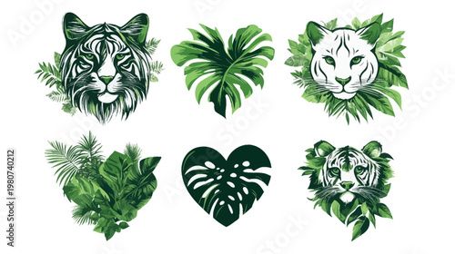 Collection of stylized tiger faces and tropical leaves, rendered with a watercolor effect on a white background