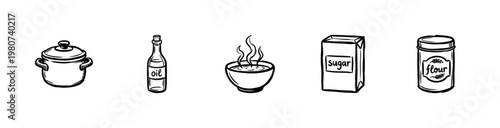 Kitchen Utensils and Cooking Equipment with Hand-Drawn Inky Brushwork and Textured Organic Shapes