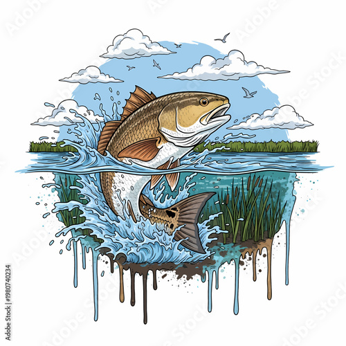 Redfish Red drum fish jumping out of water in a marsh landscape illustration