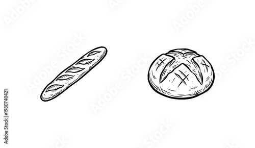 Bakery Ingredients and Bread Products in Hand-Drawn Inky Style with Fluid Brushwork and Calligraphic Outlines