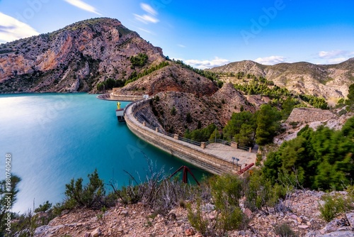 High Angle Panoramic View of Cueva Foradada Dam and Mount Malvin in Oliete, Teruel, Aragon