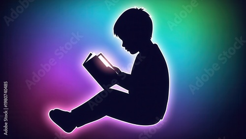 Child's luminous silhouette immersed in a glowing book against a vibrant, imaginative backdrop