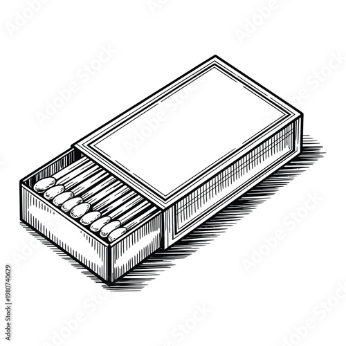 An open matchbox with matches inside rendered in a detailed engraving style silhouette
