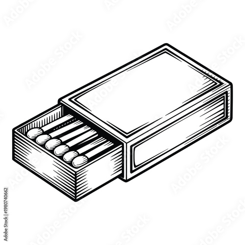 An open matchbox with several matches inside depicted in a stark black and white silhouette