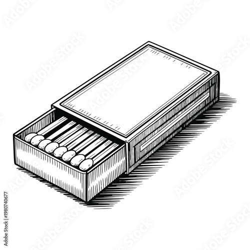 An open matchbox with several matches extending outward rendered in a detailed silhouette