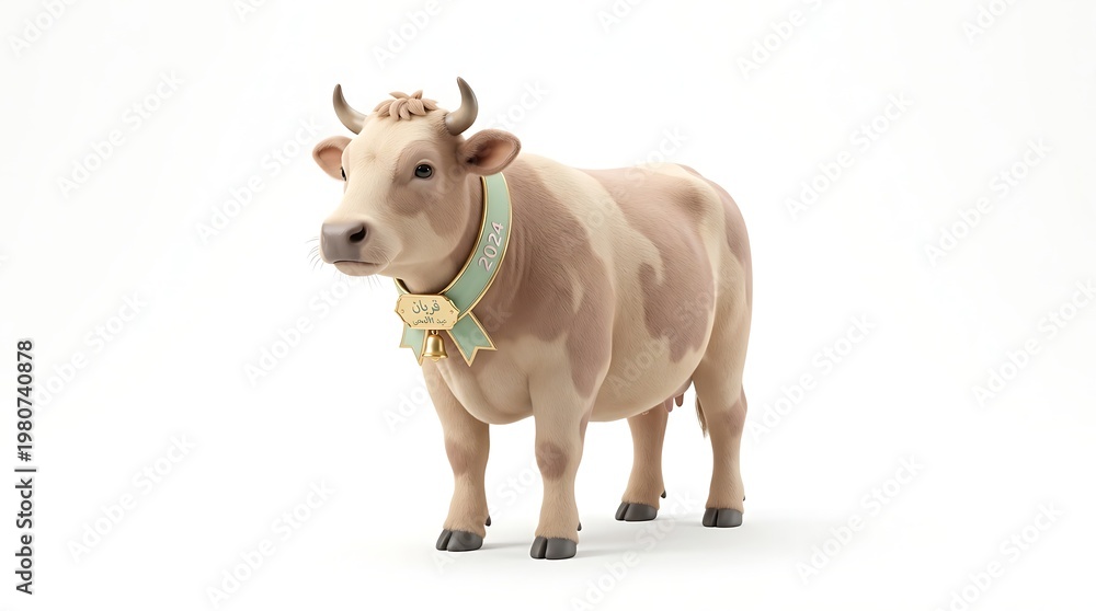 Fototapeta premium Dairy cow with green ribbon isolated on white background livestock concept