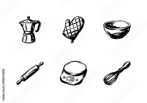 Kitchen Utensils and Cooking Equipment with Fluid Ink Brush Strokes in Hand-Drawn Painterly Style