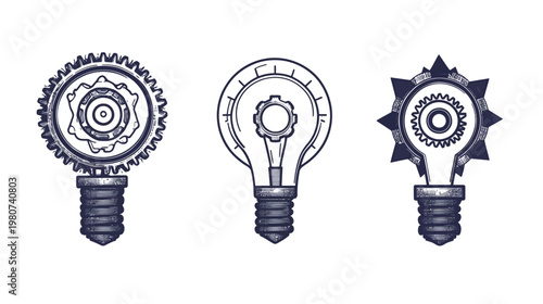 Three sketchy lightbulbs with gears and spiked shapes, on a white background