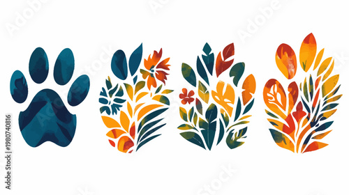 A watercolor arrangement of a paw print and stylized floral elements in warm, autumnal colors