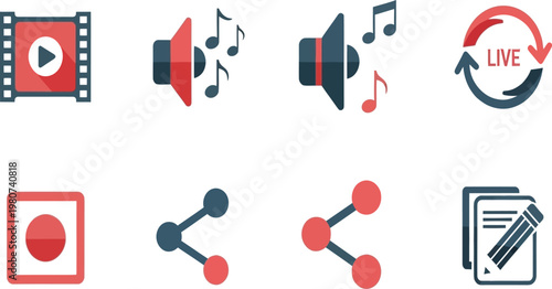 Essential icons representing various digital media and content creation activities Vector