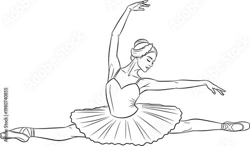 Graceful ballerina performing floor splits in tutu dress hand drawn line art vector illustration for ballet school dance studio and theater branding