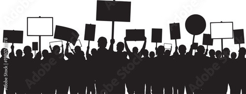 Silhouette of a crowd of people holding various protest signs and placards during a demonstration