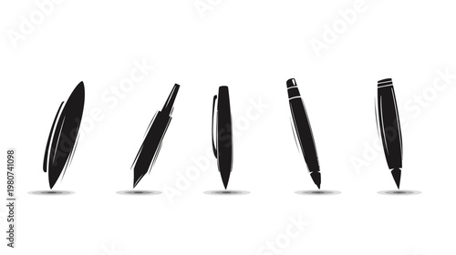 Stylized illustration featuring five black pen silhouettes, casting subtle shadows on white background