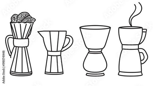 Line art of four different coffee makers, in varied shapes, arranged in a row