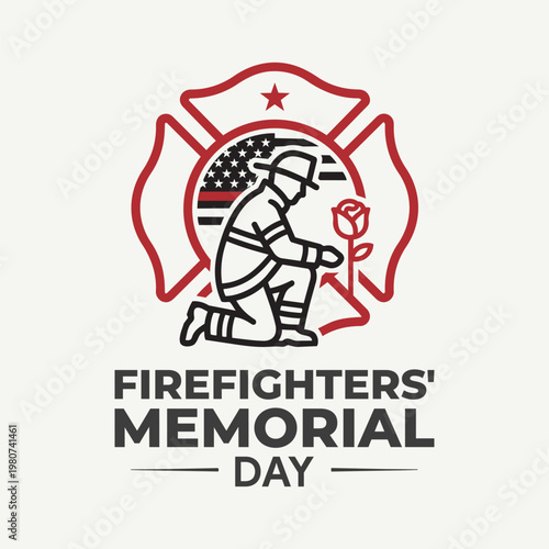 Kneeling Firefighter with Rose Memorial Vector Illustration