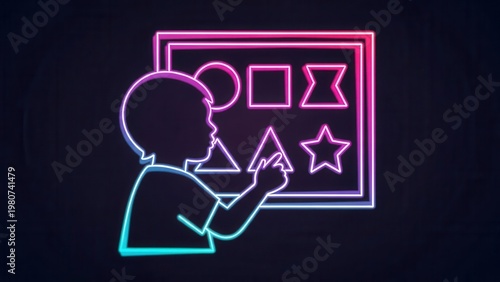 Vibrant neon illustration of child exploring geometric shapes on an interactive digital display
