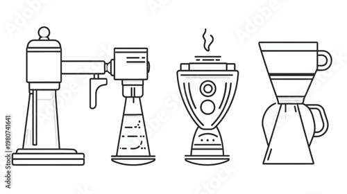 Line art of four different coffee brewing methods with minimalist design aesthetic