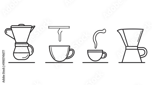 Four icons in a row show methods of brewing coffee, black lines on a white background