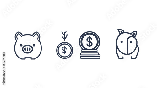 Four stylized icons depicting financial concepts and a cute animal