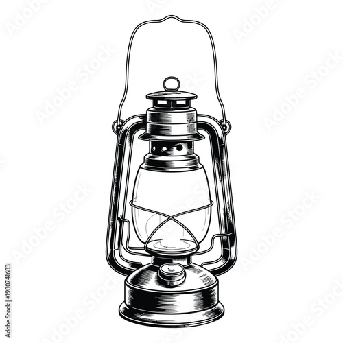 A vintage kerosene lantern with a detailed metal frame is presented as a striking silhouette