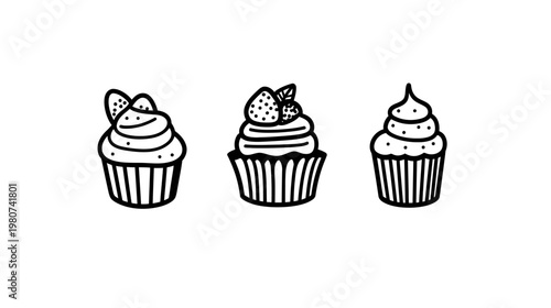 Three outlined cupcakes, various toppings, simple black and white dessert illustration