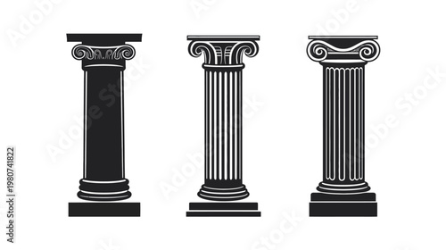 Three classical columns of varying styles, rendered in black and white against a white background