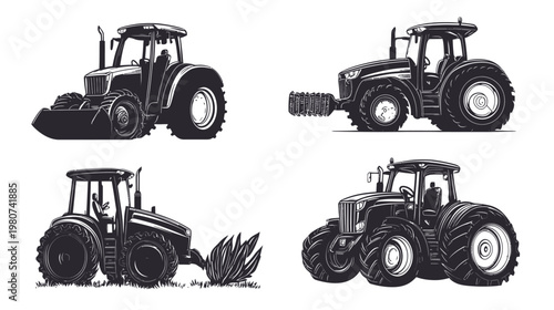 Four dark silhouettes of tractors on a white background in vintage engraving style