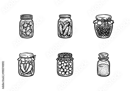 Preserved Food Jars and Homemade Canned Goods with Hand-Drawn Ink Brush Strokes in Organic Painterly Style