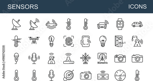 Sensors line icons set with temperature motion biometric smart detection monitoring editable stroke outline vector collection for technology systems