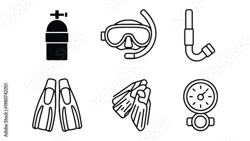 Scuba Diving Gear Set: A minimalist illustration of essential diving equipment, including an oxygen tank, mask, snorkel, and fins, invites exploration of underwater worlds and promotes adventure.