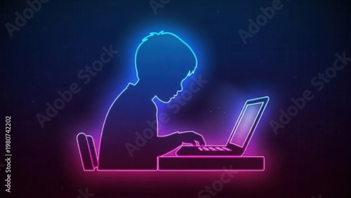 Vibrant neon outline of a young student engaging with a laptop, showcasing modern digital learning