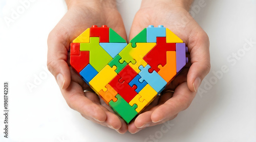 Hands holding heart shape made of Lego blocks