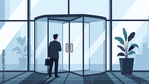 Businessman in a formal suit with a briefcase stands before a modern glass revolving door in an office building lobby with indoor green plants.