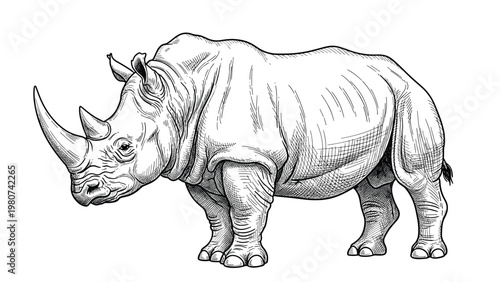 Highly detailed black and white engraving style illustration of a large rhinoceros standing on a white background.