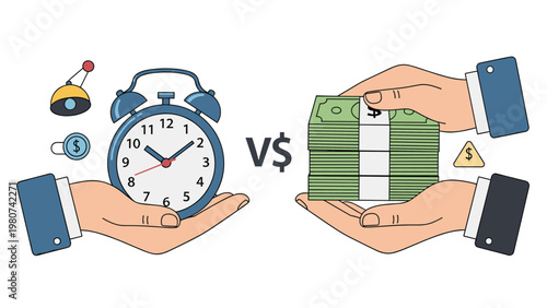 Two pairs of hands hold a large blue alarm clock and a thick stack of money for a direct comparison of time and wealth in a simple illustration.