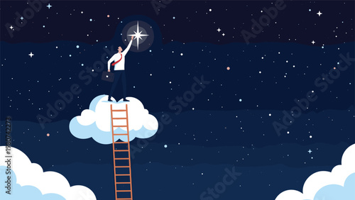 Man stands on a fluffy white cloud at the top of a long wooden ladder reaching for a bright star in the dark night sky for dream achievement.