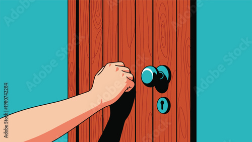 Close-up of a human hand knocking on a wooden door with a brass handle and a keyhole against a blue background for visit and home entry themes.