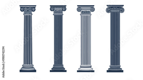 Four stylized classic columns in a row. Each has a different architectural detail
