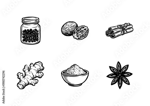 Culinary Spices and Aromatic Herbs Kitchen Ingredients with Hand-Drawn Inky Brushwork and Organic Calligraphic Ink Strokes.