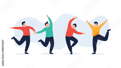 Four people in casual clothing are performing synchronized dance moves or stretching exercises on a white background for fitness and health fun.