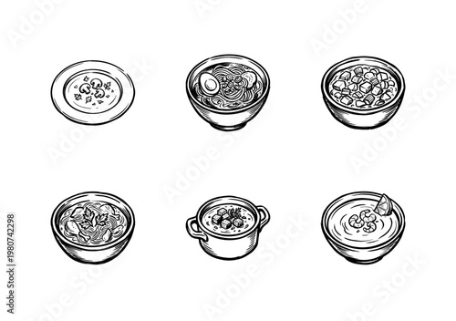 Hot Soup Bowls and Savory Stew Dishes with Hand-Drawn Ink Brush Strokes in Painterly Sketch Style