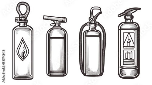 Four fire extinguishers in line art style, various designs, gray on white background